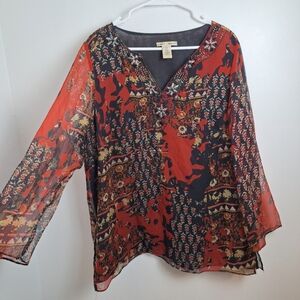 Edward Woman Burnt Orange Black Mixed Media‎ Whimsygoth 100% Silk Blouse Size 1X